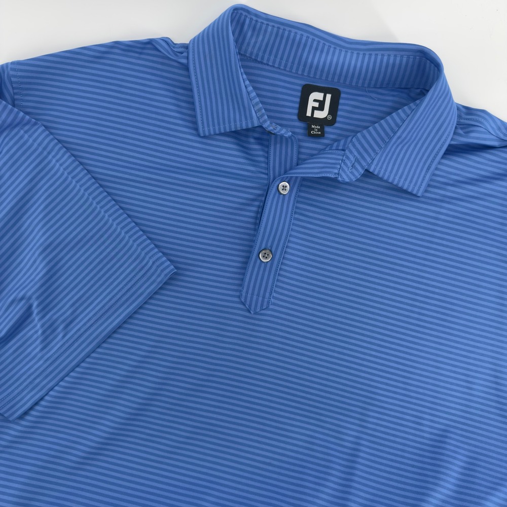 FootJoy Mens XXL Blue Striped Performance Golf‎ Polo Shirt Short Sleeve FJ Logo